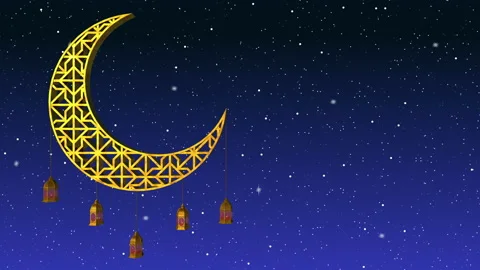 Ramadan candle lanterns are hanging on crescent. Night sky background with stars Stock Footage 201744273