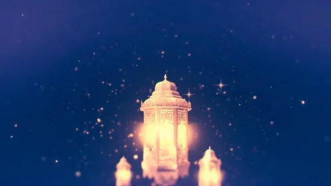 Ramadan candle moroccan lanterns on dawn sky background with glowing stars. F Stock Footage 128254600