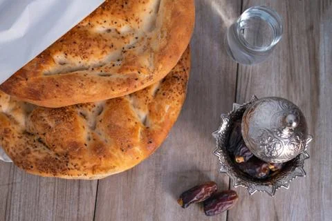 Ramadan concept, close-up of pita bread , Dried dates, dried date fruit and a Stock Photos