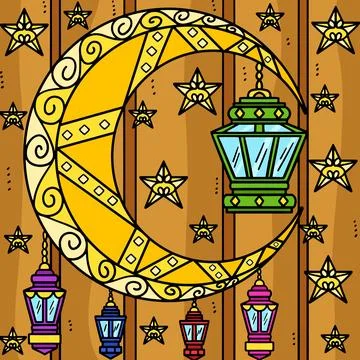 Ramadan Crescent Moon Lanterns Colored Cartoon Stock Illustration