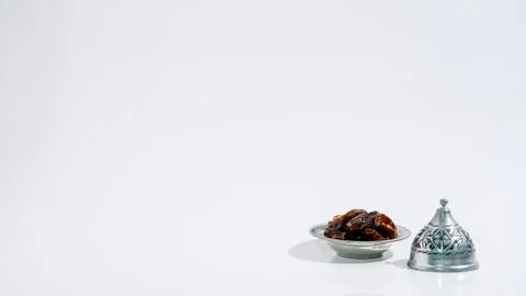 Ramadan Dates on White background. Festive Greeting Card, Ramadan Kareem Fotos Stock