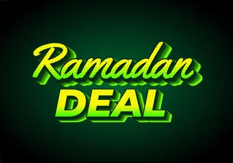 Ramadan deal. Text effect design in 3D look. Yellow green color. Dark backg.. Stock Illustration