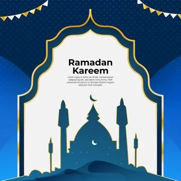 Ramadan design with blue gradient mosque, ribbon, and night scene Stock Illustration