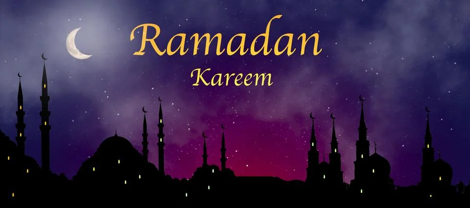 Ramadan evening concept scene background. Ramadan inscription in Arabic. Mosque Stock Illustration