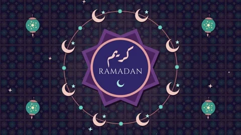 Ramadan greeting badge with a rotating ring of crescent moons over an Islamic Vídeos de archivo 348703029