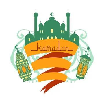 Ramadan greeting card with arabic calligraphy. Colorful vector illustration Stock Illustration