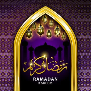 Ramadan greeting card on violet background. illustration. Ramadan Kareem me.. Illustrazione stock