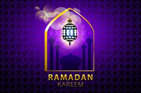 Ramadan greeting card on violet background. Vector illustration. Ramadan Ka.. Stock Illustration