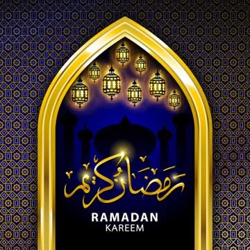 Ramadan greeting card on violet background. Vector illustration. Ramadan Ka.. Stock Illustration