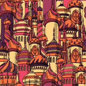 Ramadan greeting seamless pattern with mosque. Multicolor seamless background Stock Illustration