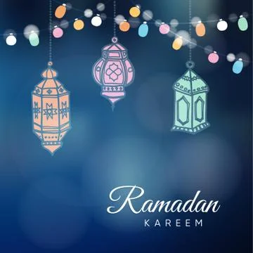 Ramadan hand drawn Arabic lanterns with a string light bulbs 스톡 일러스트