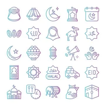 Ramadan icons bundle. Gradient outline icon style. Stock Illustration