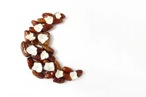 Ramadan, iftar desktop composition. Dried date fruit arranged in moon shape Stock Illustration