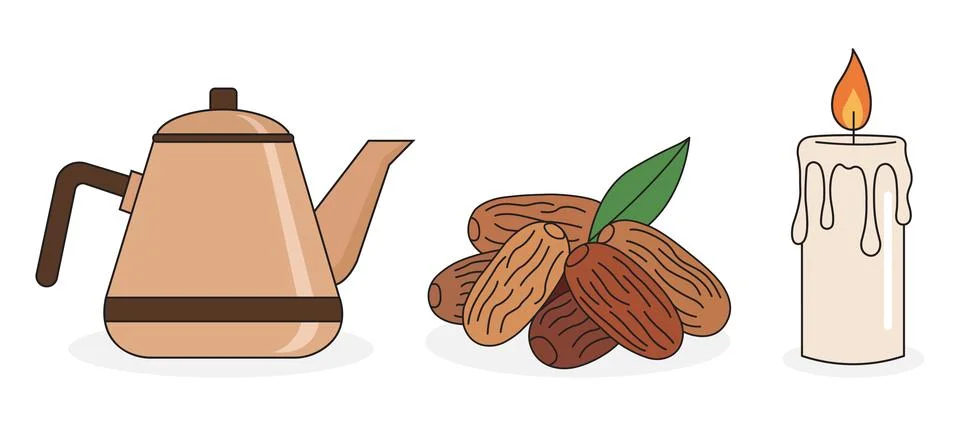 Ramadan Iftar Set with Sweet Dates Traditional Copper Teapot and Burning Ca.. Stock Illustration