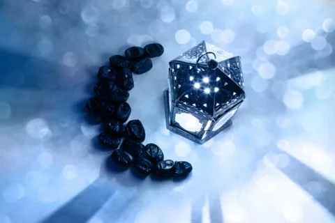 Ramadan, iftar table composition. Dried date fruit arranged in moon shape and 스톡 사진