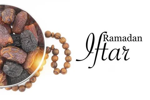 RAMADAN IFTAR text with Dates or kurma fruits and rosary beads or Tasbih on w 库存照片