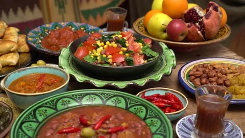 Ramadan iftars marks the end of fasting. Holiday islamic table with dates Stock Footage 172573675