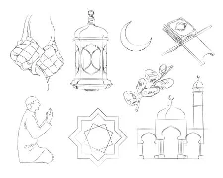 Ramadan Islam icon set hand drawing sketch illustration of mosque praying Иллюстрация