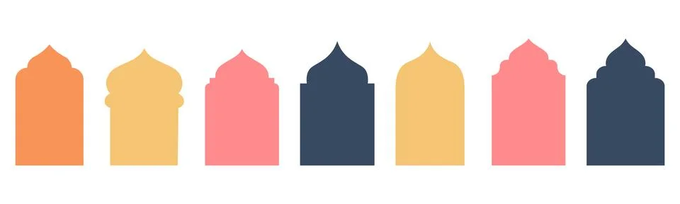 Ramadan islamic arch window frame set. Vector flat color arabic mosque doors, Stock Illustration