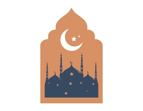 Ramadan islamic frame with mosque and moon. Vector flat orange arabic arch .. Stock Illustration