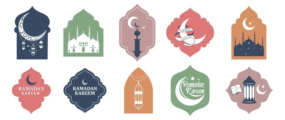 Ramadan islamic frame set with mosque and lantern. Vector flat color arabic.. Stock Illustration