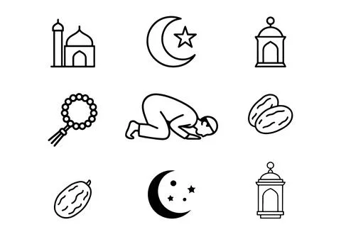 Ramadan Islamic Line Icon Set – Mosque, Prayer, Crescent, Lantern &amp; Dates Stock Illustration