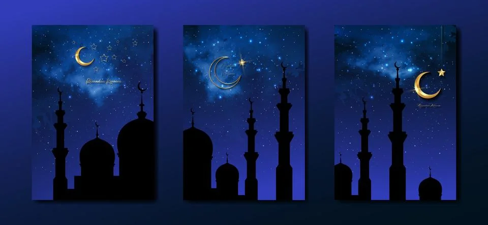 Ramadan Kareem 2023 vector set greeting card. Gold half moon on starry blue sky Stock Illustration