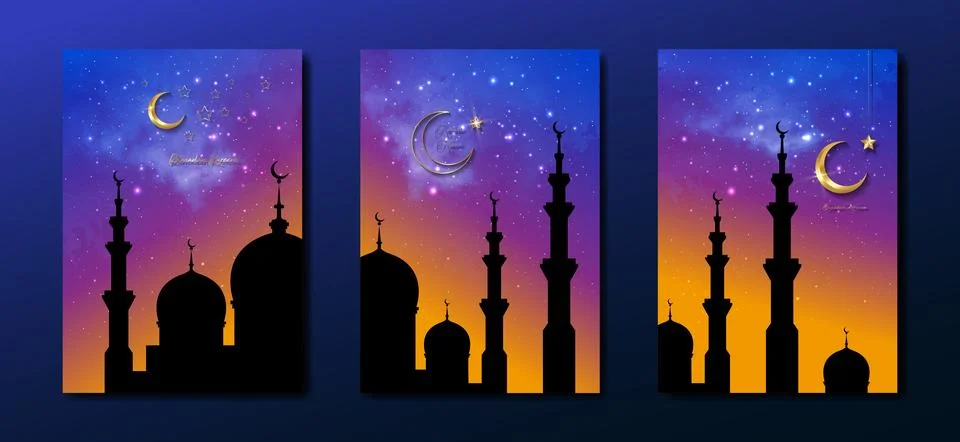 Ramadan Kareem 2023 vector set greeting card. Gold half moon, starry colorful Stock Illustration