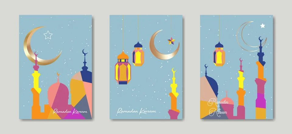 Ramadan Kareem 2025 vector set colorful card. Gold half moon starry background Stock Illustration