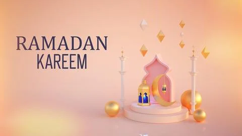 Ramadan kareem 3d rendering with Turkish traditional lantern and Mosque on pink Stock Illustration