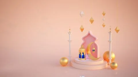 Ramadan kareem 3d rendering with Turkish traditional lantern and Mosque on pink Stock Illustration
