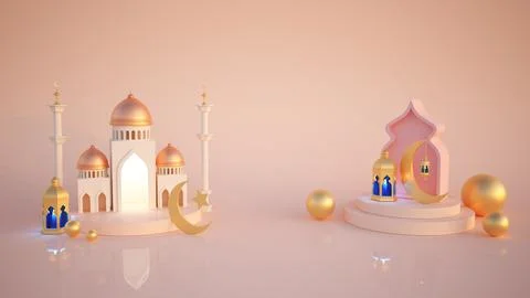 Ramadan kareem 3d rendering with Turkish traditional lantern and Mosque on pink イラスト素材