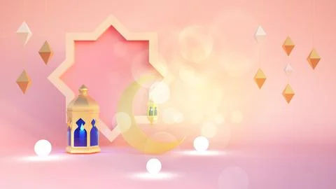 Ramadan kareem 3d rendering with Turkish traditional lantern and Mosque on pink Stock Illustration