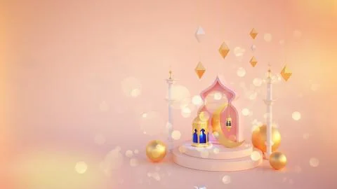 Ramadan kareem 3d rendering with Turkish traditional lantern and Mosque on pink イラスト素材
