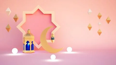 Ramadan kareem 3d rendering with Turkish traditional lantern and Mosque on pink Stock Illustration