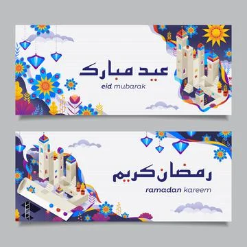 Ramadan Kareem and Eid Mubarak horizontal banners with festive illustrations Stock Illustration