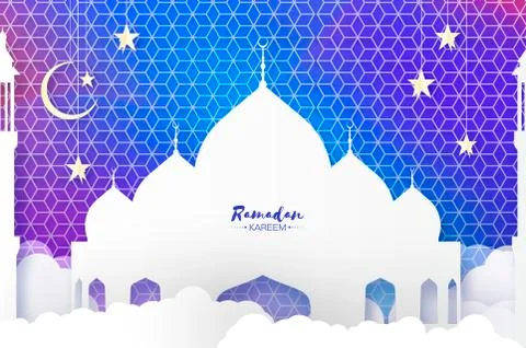 Ramadan Kareem. Arabic Mosque, clouds, white stars in paper cut style. Arabesque Stock Illustration