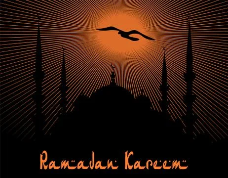 Ramadan Kareem. The architectural complex is painted in the style of a blue.. Stock Illustration