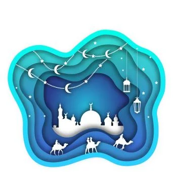 Ramadan Kareem Background, Mosque, Lanterns, Moon, Camels. Islamic Design, Cut Stock Illustration