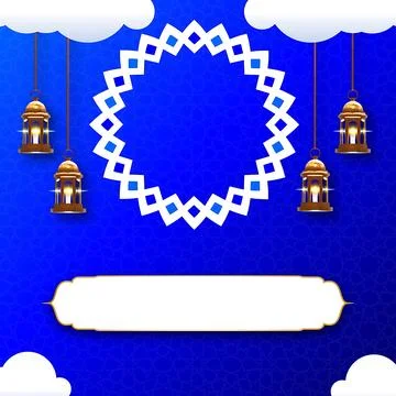 Ramadan Kareem blue poster template with golden lanterns and geometric fram.. 스톡 일러스트