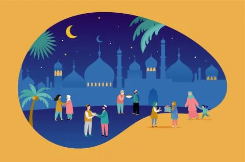Ramadan Kareem, Eid mubarak, greeting card and banner with many people, giving Stock Illustration