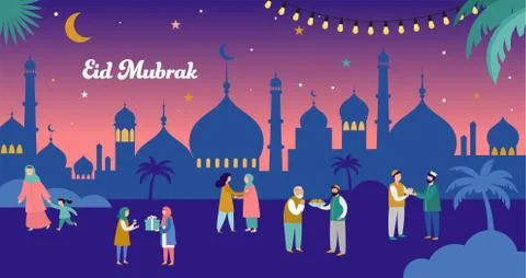 Ramadan Kareem, Eid mubarak, greeting card and banner with many people, giving Illustrazione stock