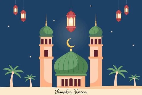 Ramadan Kareem greeting background with flat illustration of a mosque Stock Illustration