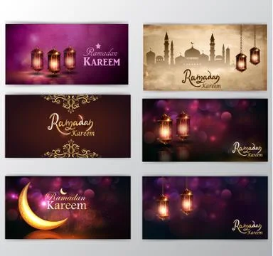Ramadan Kareem greeting on blurred background set of cards Stock Illustration