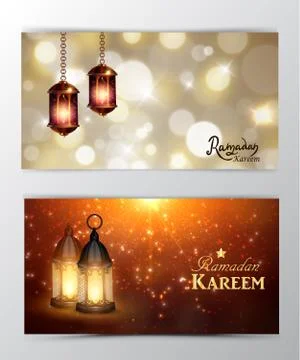 Ramadan Kareem greeting on blurred background set of cards Stock Illustration