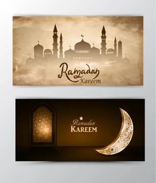 Ramadan Kareem greeting on blurred background set of cards Stock Illustration