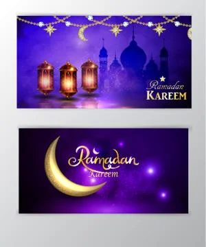 Ramadan Kareem greeting on blurred background set of cards Stock Illustration