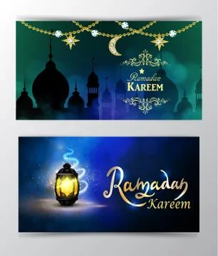 Ramadan Kareem greeting on blurred background set of cards Stock Illustration