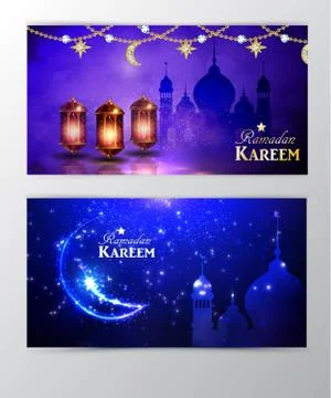 Ramadan Kareem greeting on blurred background set of cards Stock Illustration