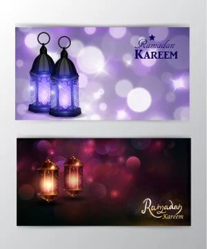 Ramadan Kareem greeting on blurred background set of cards Stock Illustration